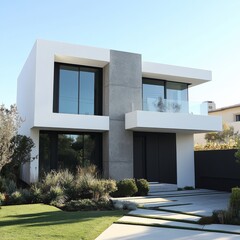 Aufkleber - Modern White Cube Home Exterior with Landscaped Yard and Large Windows Featuring Clean Lines and Minimalist Aesthetic