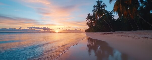Poster - A serene beach scene at sunset, featuring calm waters, gentle waves, and palm trees silhouetted against a colorful sky.