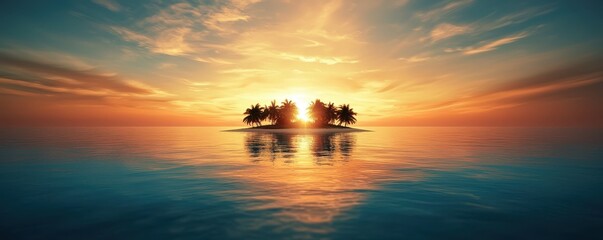 Poster - A tranquil sunset over a small tropical island, surrounded by calm waters, with silhouetted palm trees creating a serene atmosphere.