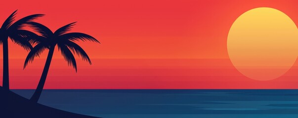 Poster - A serene sunset over the ocean with palm silhouettes, creating a tranquil beach atmosphere.