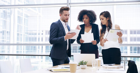 Poster - Accounting, office and business people with laptop, feedback and manager for discussion and documents. Papers, teamwork and talk with tablet, growth strategy or project report for finance training