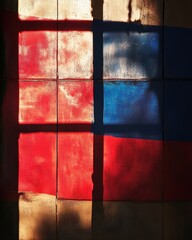 Poster - Abstract painted window pattern featuring red white and blue squares with sunlight casting shadows creating a patriotic geometric design
