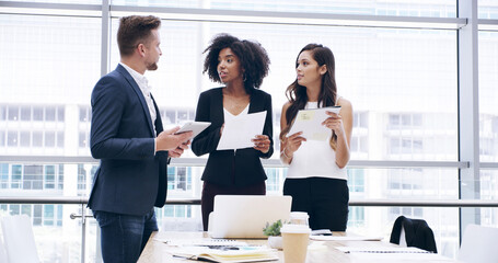 Poster - Planning, business people and paperwork in meeting for discussion, report documents and accounting. Teamwork, agenda or group collaboration for investment growth, bookkeeping and financial strategy