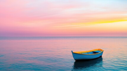 Poster - A tranquil scene featuring a colorful sunset over calm waters with a solitary boat floating peacefully.