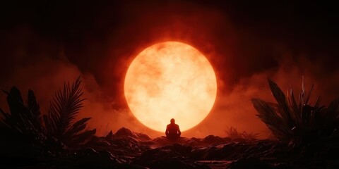Poster - A silhouette of a person gazes at a large, glowing red sun, surrounded by dark foliage, creating a dramatic and otherworldly atmosphere.