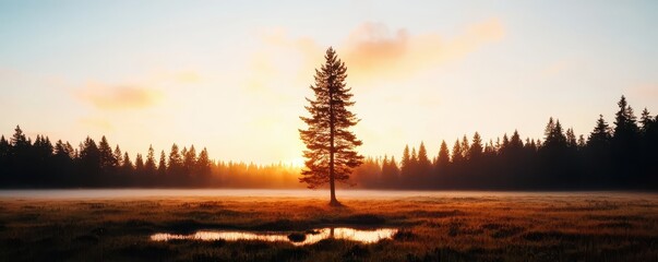 Poster - A serene landscape featuring a solitary tree against a vibrant sunrise, surrounded by mist and a tranquil water reflection.