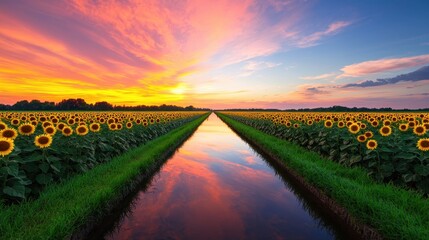 Poster - A vibrant sunset over a field of sunflowers, reflecting in a tranquil waterway, creating a serene and picturesque landscape.