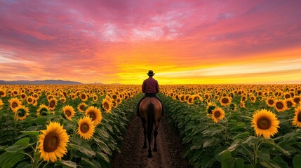 Poster - A serene sunset view of a person on horseback riding through a vibrant sunflower field, with colorful clouds illuminating the sky.