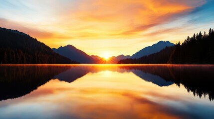 Poster - A breathtaking sunset over a tranquil lake, framed by mountains and a colorful sky, reflecting perfectly on the water's surface.