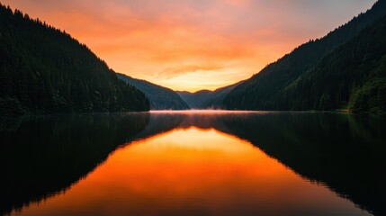 Poster - A serene landscape featuring a tranquil lake reflecting a vibrant sunset, surrounded by mountains and lush greenery.