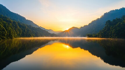Poster - A serene sunrise over a calm lake, surrounded by lush mountains, reflecting golden hues in the water, creating a peaceful and picturesque landscape.