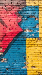 Poster - Colorful painted brick wall abstract with red blue and yellow geometric shapes textured surface