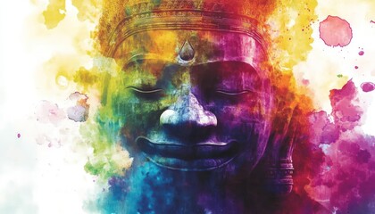 Poster - Watercolor depiction of a serene face with vibrant color splashes creating an artistic and expressive portrait with dynamic paint