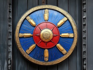 Poster - Close up image of a decorative wooden wheel featuring concentric circles in blue red and gold colors mounted on a dark wood panel