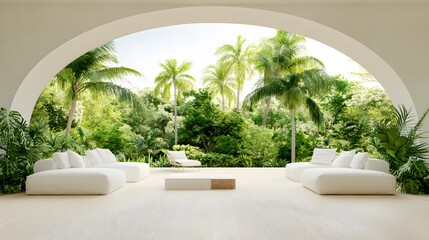 Poster - A serene indoor space with white cushions and an arched window overlooking lush greenery and tropical plants
