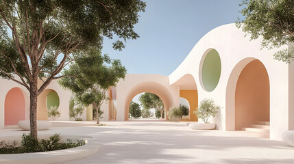 Fototapete - A serene, modern architectural space featuring soft pastel colors, archways, and greenery, creating a tranquil atmosphere