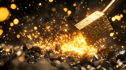 Poster - A close-up of a golden hammer striking a surface, creating a burst of sparkling gold particles against a dark background