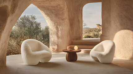 Fototapete - A minimalist interior featuring two sculptural chairs and a round table in a natural setting with soft light and an arched window view