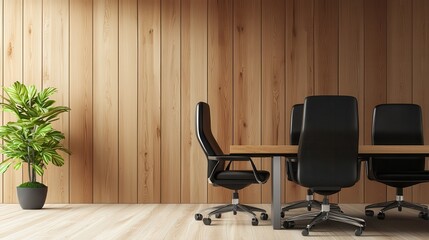 Poster - A modern conference room with black chairs around a wooden table, complemented by a green plant against a warm wooden wall.