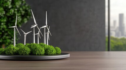 Poster - A miniature model of wind turbines on a green base, symbolizing renewable energy and sustainability, set against a modern backdrop.