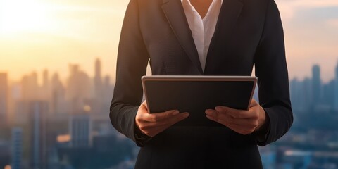 Fototapete - A professional wearing a suit holds a tablet, overlooking a city skyline during sunset, symbolizing business and technology.