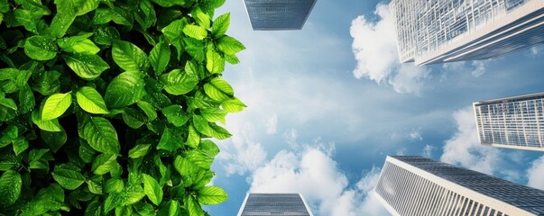 Poster - A vibrant view of green leaves at the bottom with tall skyscrapers reaching into a clear blue sky.