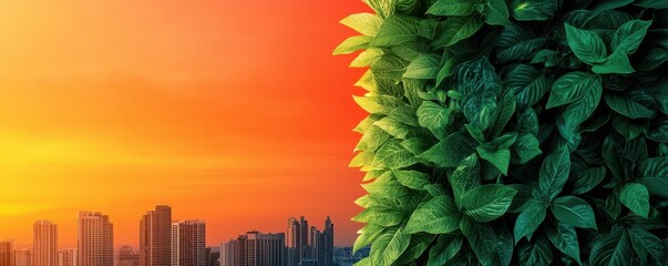 Aufkleber - A vibrant sunset illuminates a city skyline, contrasted by lush, green foliage on the right, symbolizing nature's harmony with urban life.