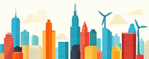 Poster - A colorful, stylized city skyline featuring diverse skyscrapers, wind turbines, and a bright, clear sky.