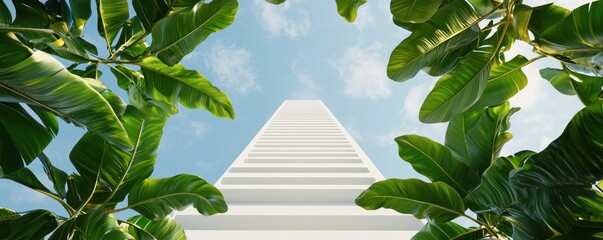 Aufkleber - A modern building rises above lush green foliage under a blue sky, showcasing nature and architecture in harmony.