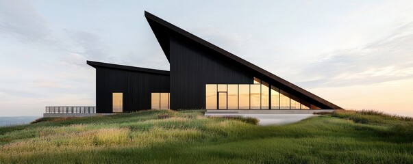Poster - A modern black house with a striking angled roof, surrounded by lush green grass and a serene landscape, capturing contemporary architectural design.
