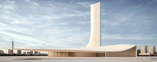 Aufkleber - A modern architectural structure featuring a tall, sculptural form and a sweeping base, set against a clear sky and urban backdrop.