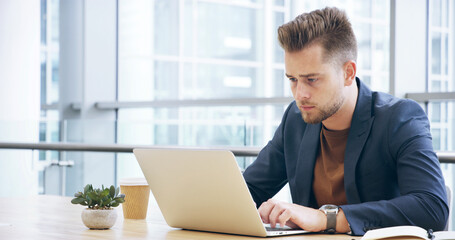 Aufkleber - Reading, research and laptop with business man in office for client portfolio, investment banker and planning. Financial advisor, capitol report and profit with person for proposal, project and email