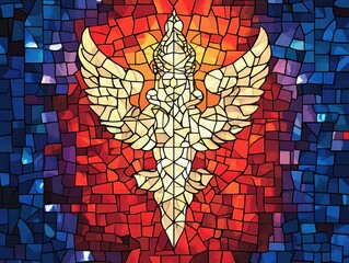 Poster - Abstract mosaic-style artwork with a central heraldic design featuring a golden emblem against a background of vibrant reds blues and oranges