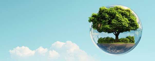 Aufkleber - A vibrant tree encapsulated in a transparent bubble against a blue sky, symbolizing nature and environmental protection.
