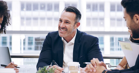 Poster - Corporate, meeting and manager with business people with documents for finance report, advice and planning. Discussion, office and men and women for financial consulting, credit review and teamwork