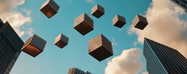 Aufkleber - Floating cubes in a vivid sky above skyscrapers create a surreal and imaginative urban scene.