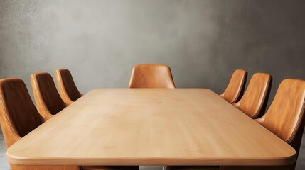 Poster - A modern wooden conference table with leather chairs, set against a minimalist gray wall, ideal for meetings and discussions.
