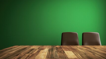 Poster - A simple, modern setting featuring a wooden table and two brown chairs against a vibrant green wall.