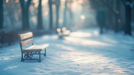 Poster - Empty park bench in snowy winter scene at sunrise.