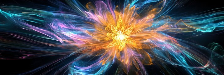Leinwandbilder - Abstract Glowing Flower Design with Flowing Light Trails on Black Background