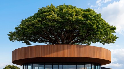 Poster - A modern building with a circular wooden base topped by a large, lush tree, blending architecture with nature.