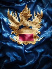 Poster - Ornate golden emblem on a textured blue background with draping fabric and detailed design elements