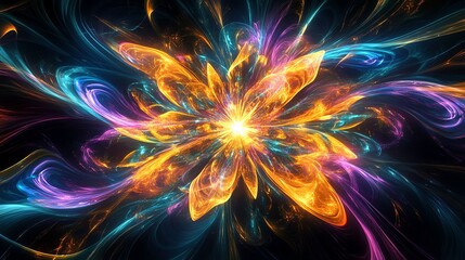 Leinwandbilder - Abstract Flower Bursting with Vibrant Colors and Light in a Dark Space
