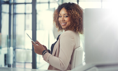 Poster - Real estate project, portrait or businesswoman on tablet for research, opportunity or listing services. Blog, happy and realtor on housing website to check on apartment post or property ads.