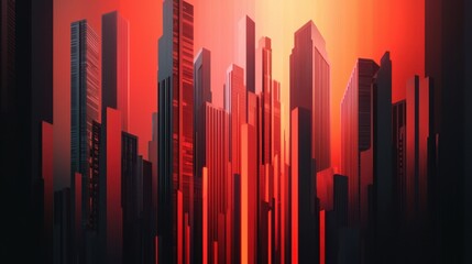 Aufkleber - A vibrant, abstract cityscape with towering skyscrapers illuminated in shades of red against a dark background.
