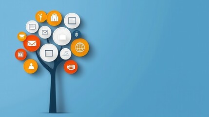 Poster - A stylized tree graphic with colorful icons representing communication, technology, and connectivity against a blue background.