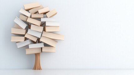 Poster - A stylized tree made of wooden blocks, symbolizing creativity and balance, set against a minimalist white background.