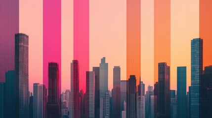 Aufkleber - A vibrant city skyline at sunset, featuring colorful vertical stripes that create a dynamic and modern visual effect.