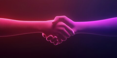 Poster - A close-up of two hands shaking, illuminated by vibrant, colorful lighting, symbolizing agreement and connection.
