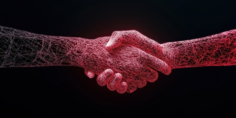 Poster - A digital handshake symbolizes collaboration and connection in a tech-driven world, showcased through vibrant, pixelated hands.